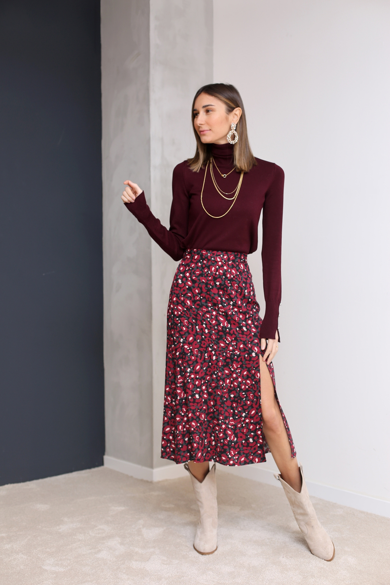 Bordo Desenli Yırtmaçlı Etek