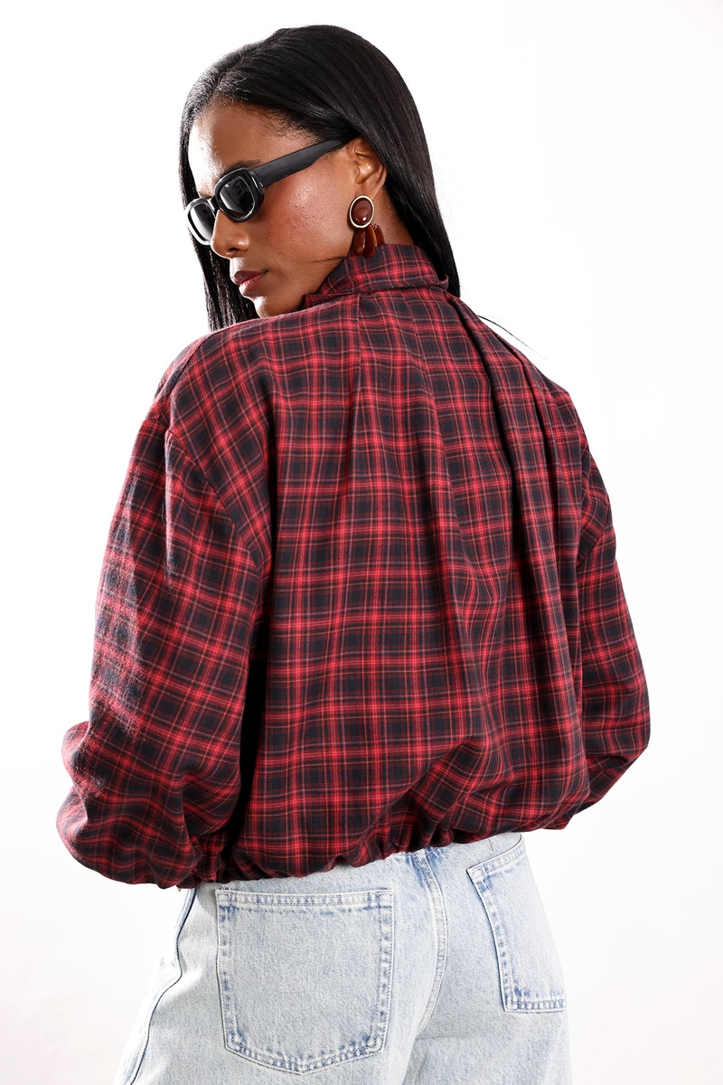 Bordo Dik Yaka Ekose Bomber Ceket 9784
