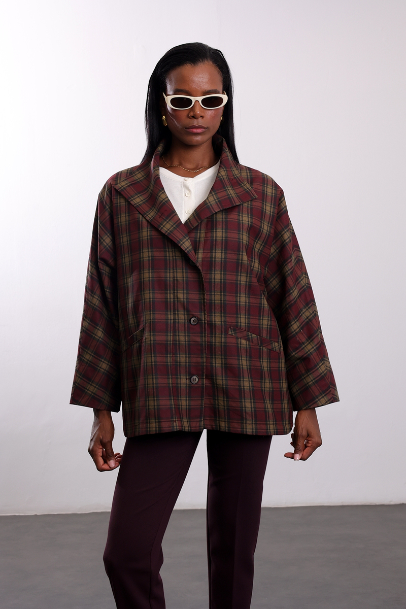 Bordo Ekose Desen Dik Yaka Ceket 9826