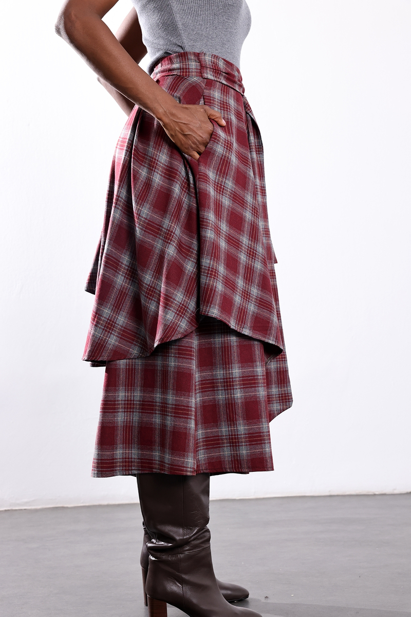 Bordo Ekose Desen Pantolon Etek 0045