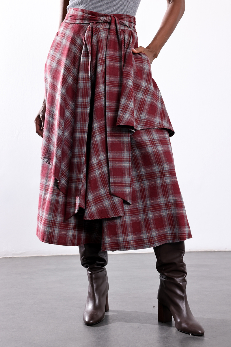 Bordo Ekose Desen Pantolon Etek 0045