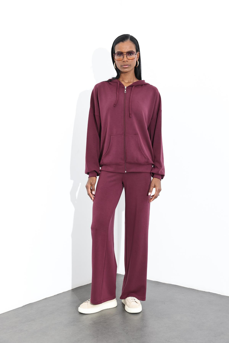 Bordo Fermuarlı Sweatshirt Eşofman Takım 