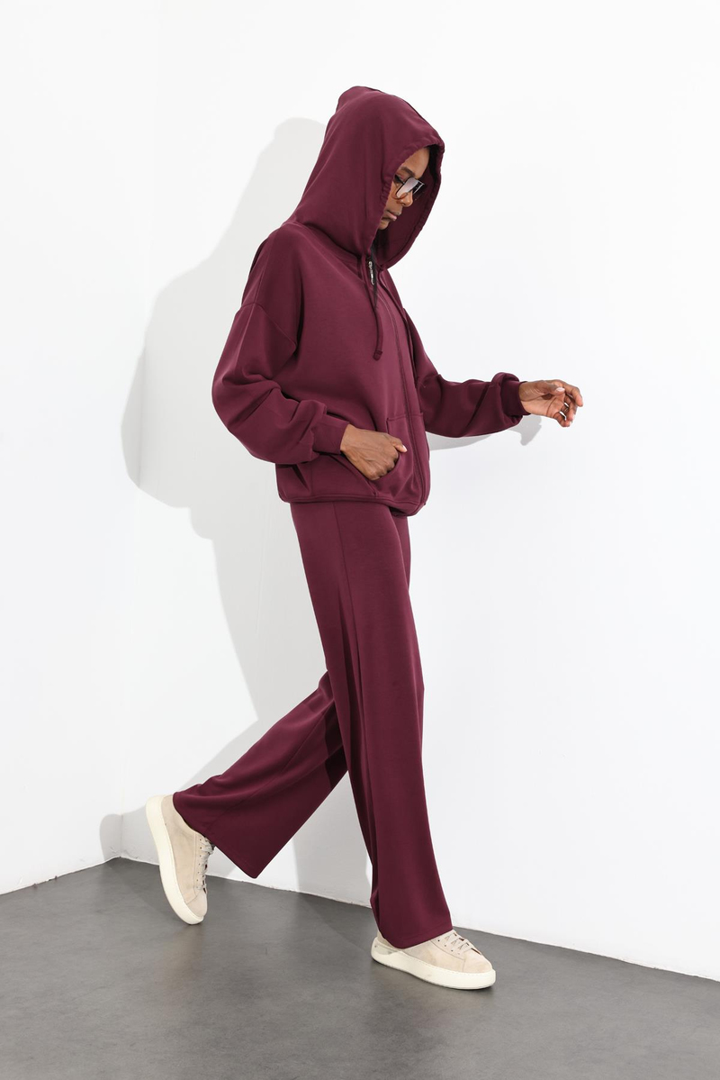 Bordo Fermuarlı Sweatshirt Eşofman Takım 