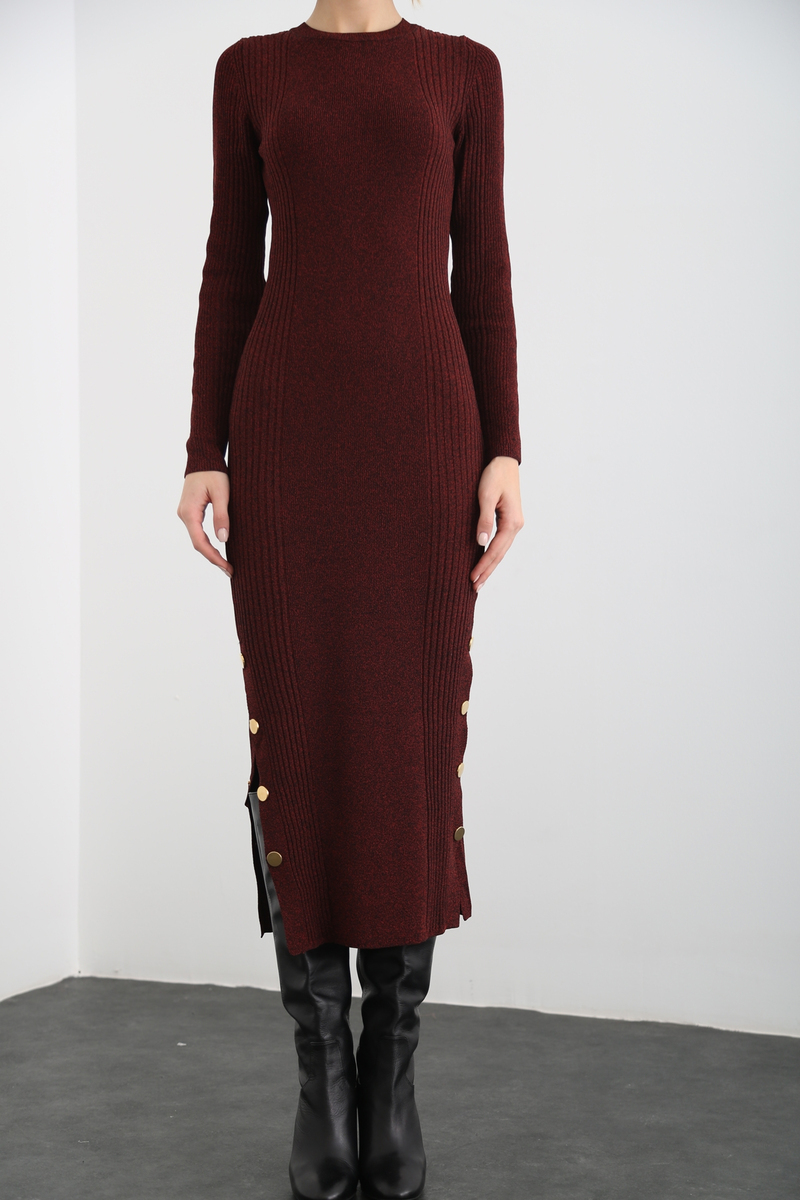 Bordo Gold Düğme Detaylı Elbise 