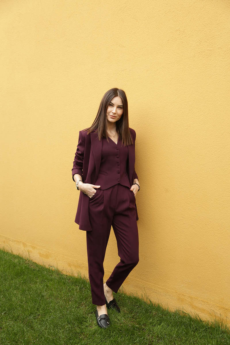 Bordo Jakarlı Krep Pantolon 