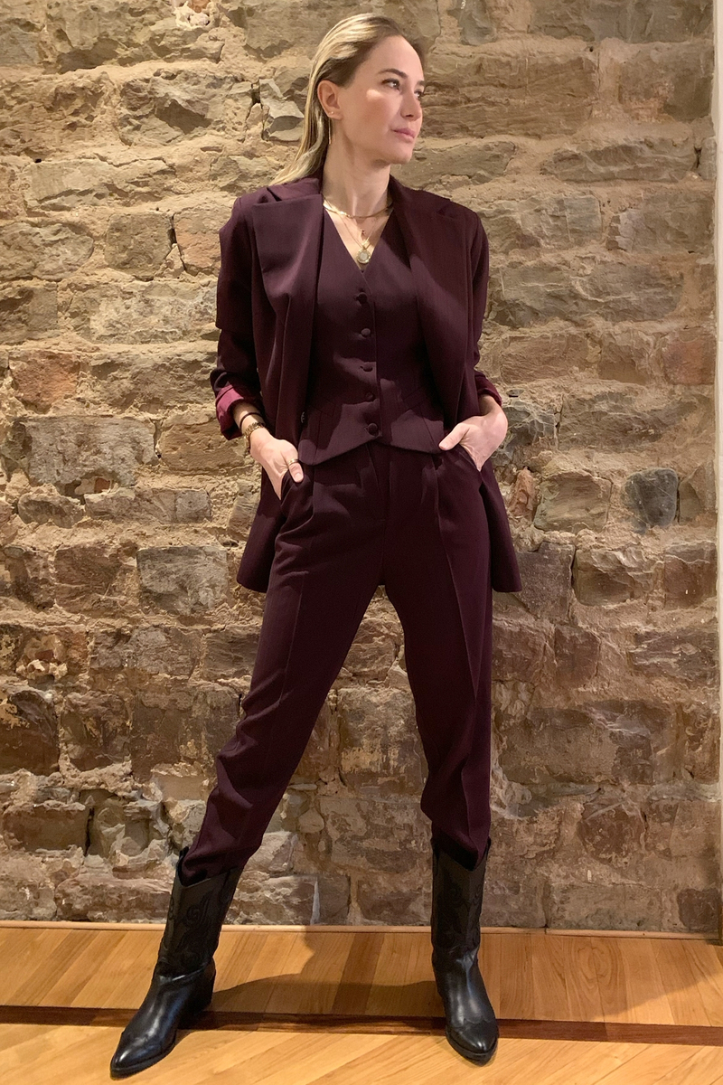 Bordo Jakarlı Krep Pantolon 