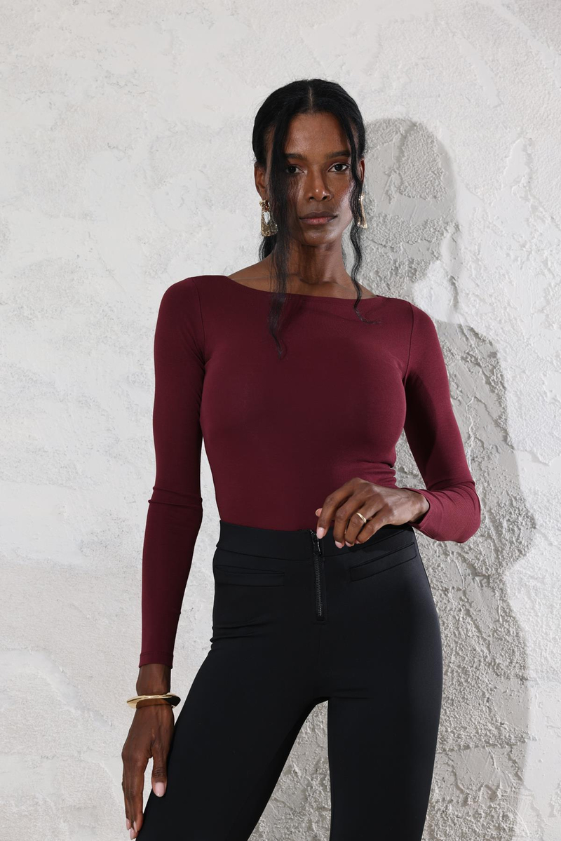 Bordo Kayık Yaka Basic Tişört 4248