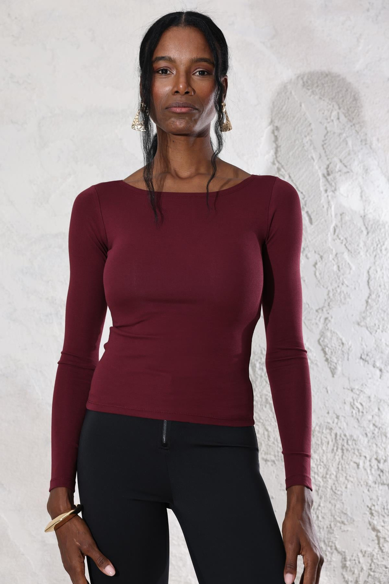 Bordo Kayık Yaka Basic Tişört 4248