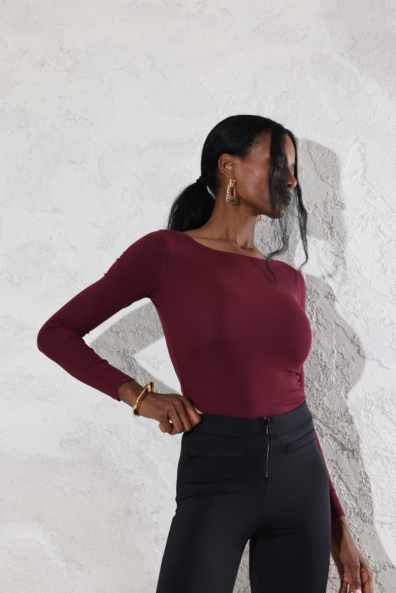 Bordo Kayık Yaka Basic Tişört 4248