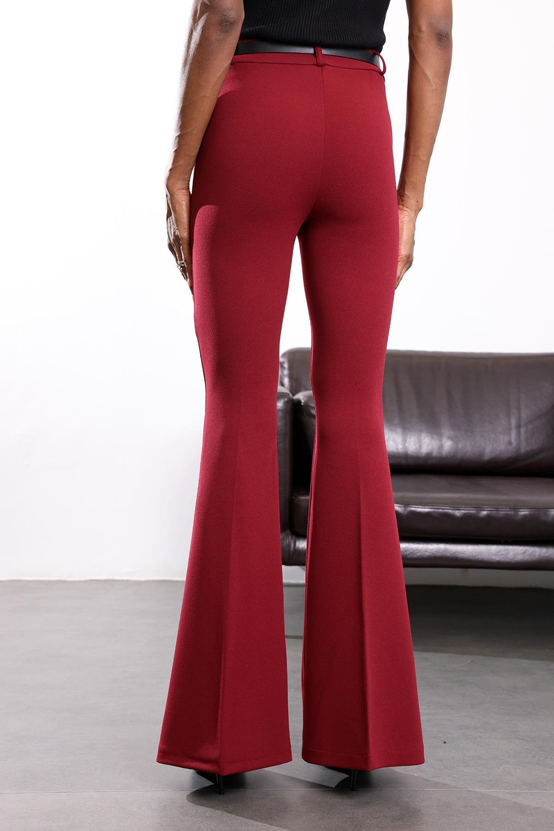 Bordo Kemerli Likralı İspanyol Kumaş Pantolon 2076