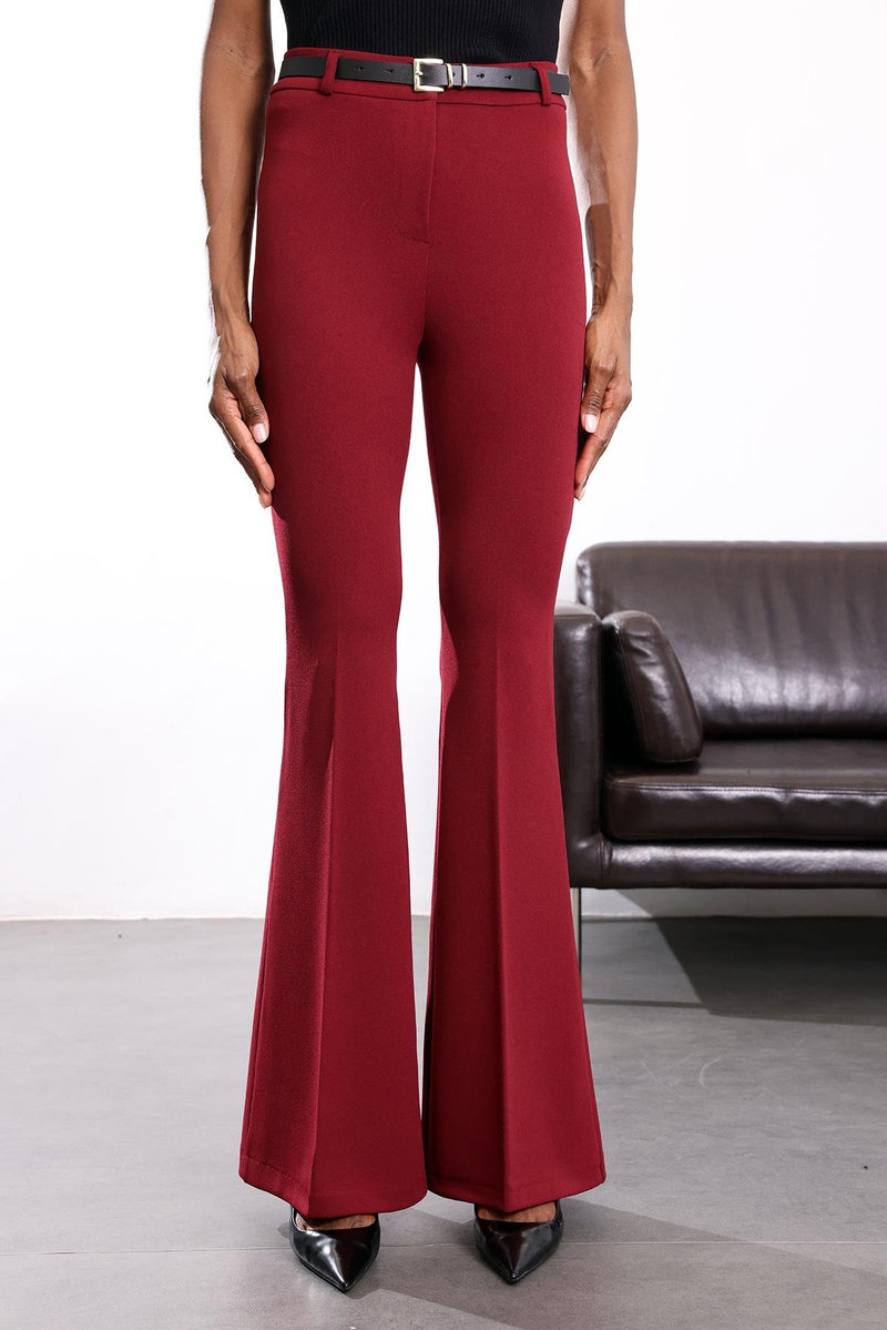 Bordo Kemerli Likralı İspanyol Kumaş Pantolon 2076