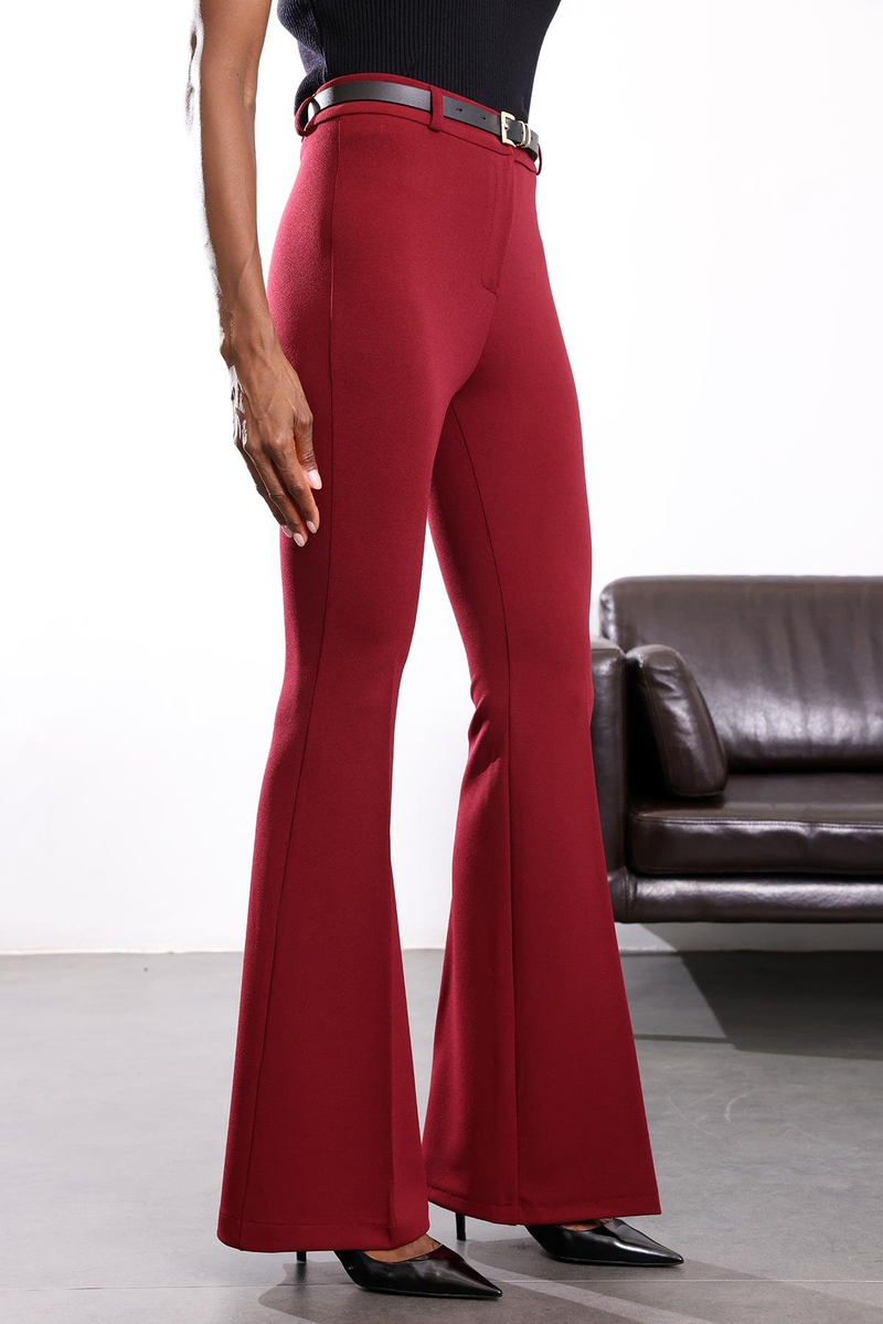 Bordo Kemerli Likralı İspanyol Kumaş Pantolon 2076