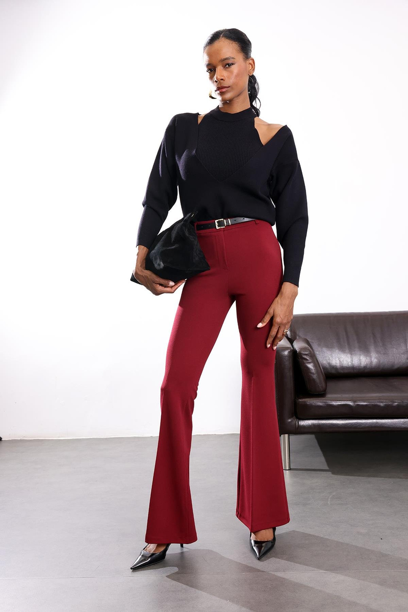 Bordo Kemerli Likralı İspanyol Kumaş Pantolon 2076