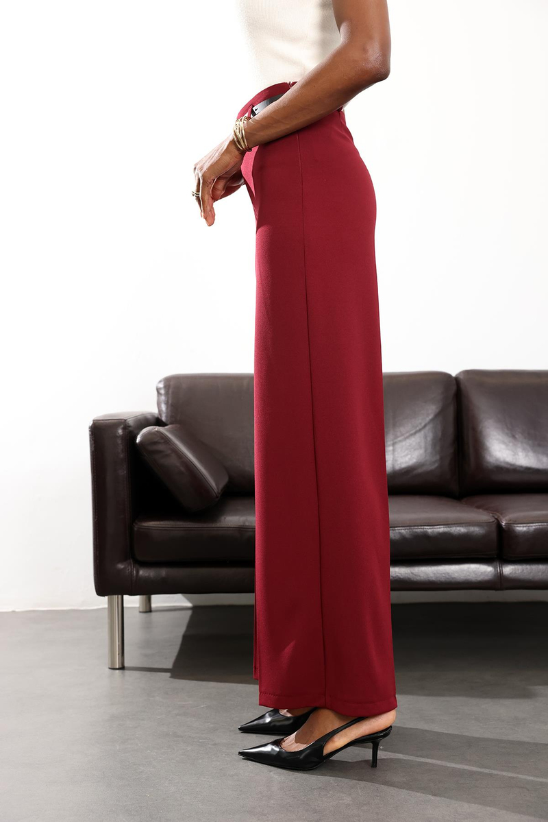 Bordo Kemerli Likralı Palazzo Pantolon 9150