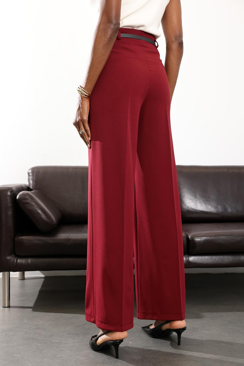 Bordo Kemerli Likralı Palazzo Pantolon 9150