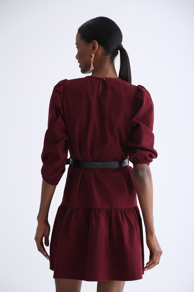Bordo Kolları Lastikli Kemerli Elbise 2720