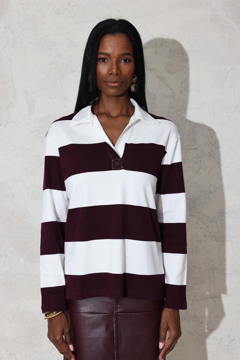 Bordo Polo Yaka Çizgilli Tişört 241145