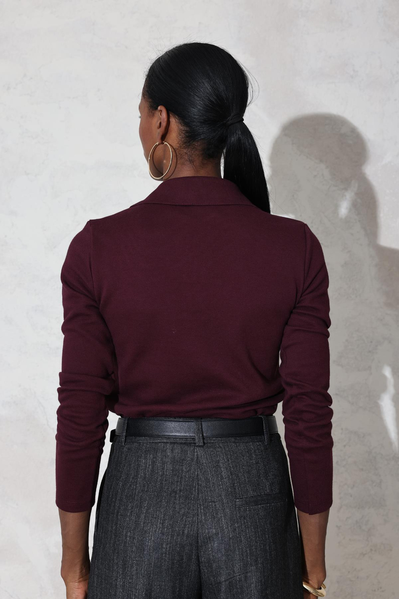 Bordo Polo Yaka Uzun Kol Tişört 241144