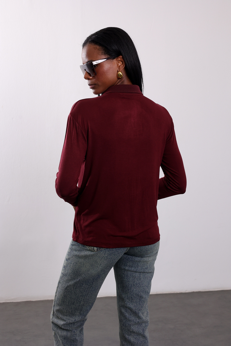 Bordo Polo Yaka Uzun Kol Tişört 4944