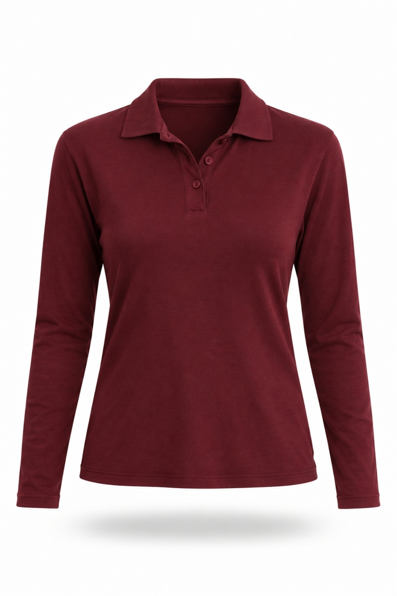 Bordo Polo Yaka Uzun Kol Tişört 4944