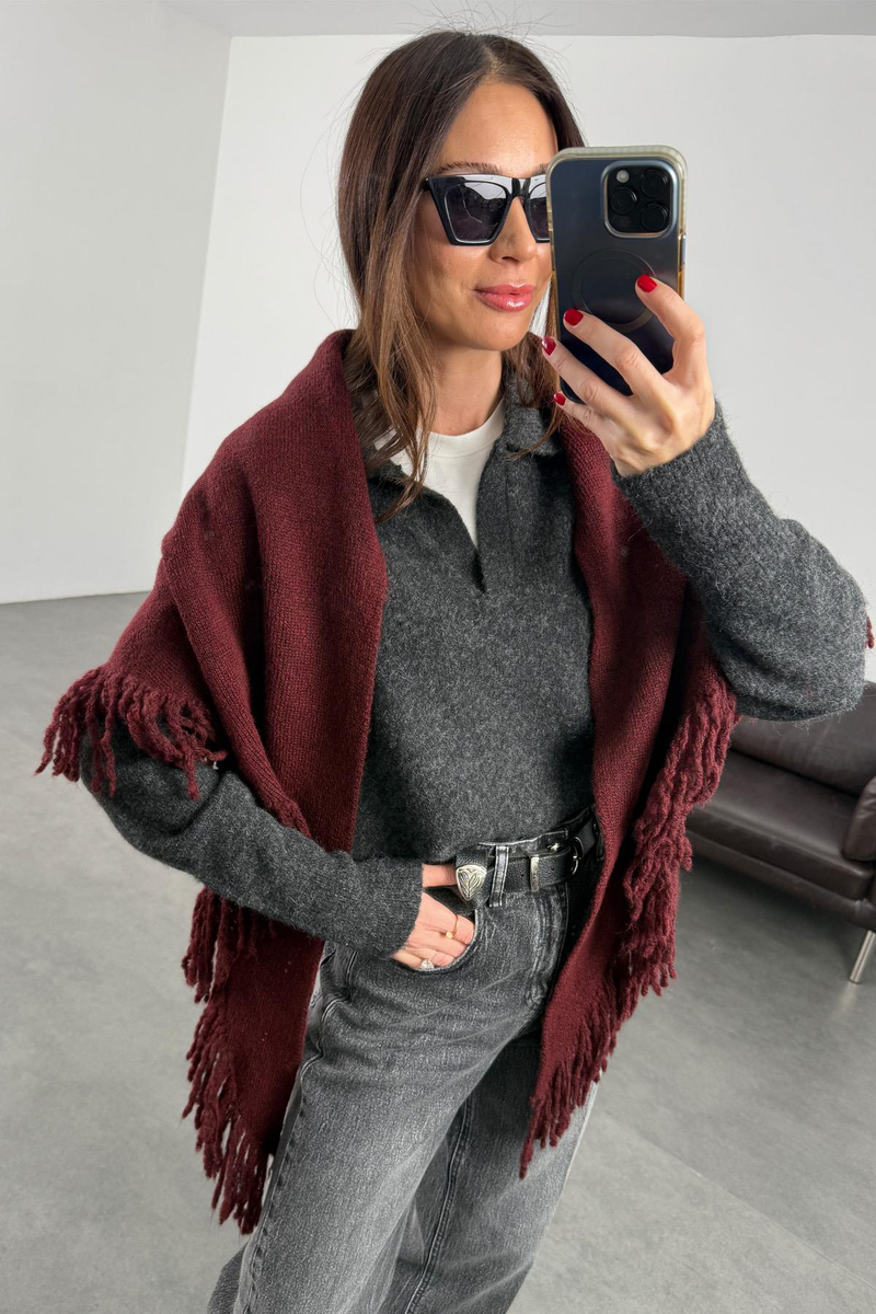 Bordo Püsküllü Üçgen Atkı 16004