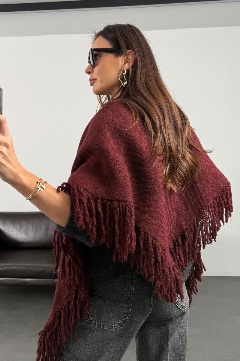 Bordo Püsküllü Üçgen Atkı 16004