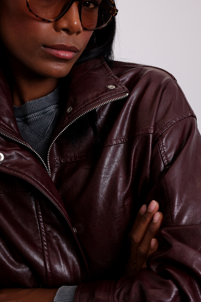 Bordo Suni Deri Bomber Ceket 100020