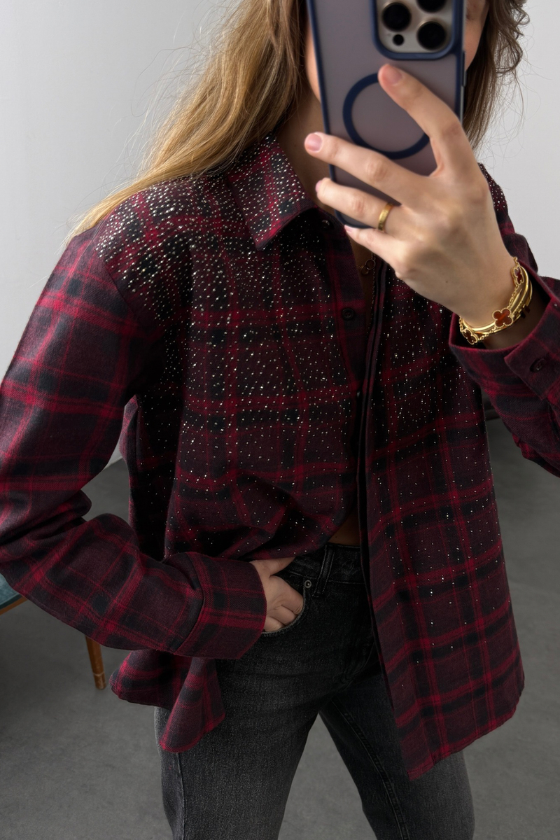 Bordo Taş Detaylı Kareli Gömlek 