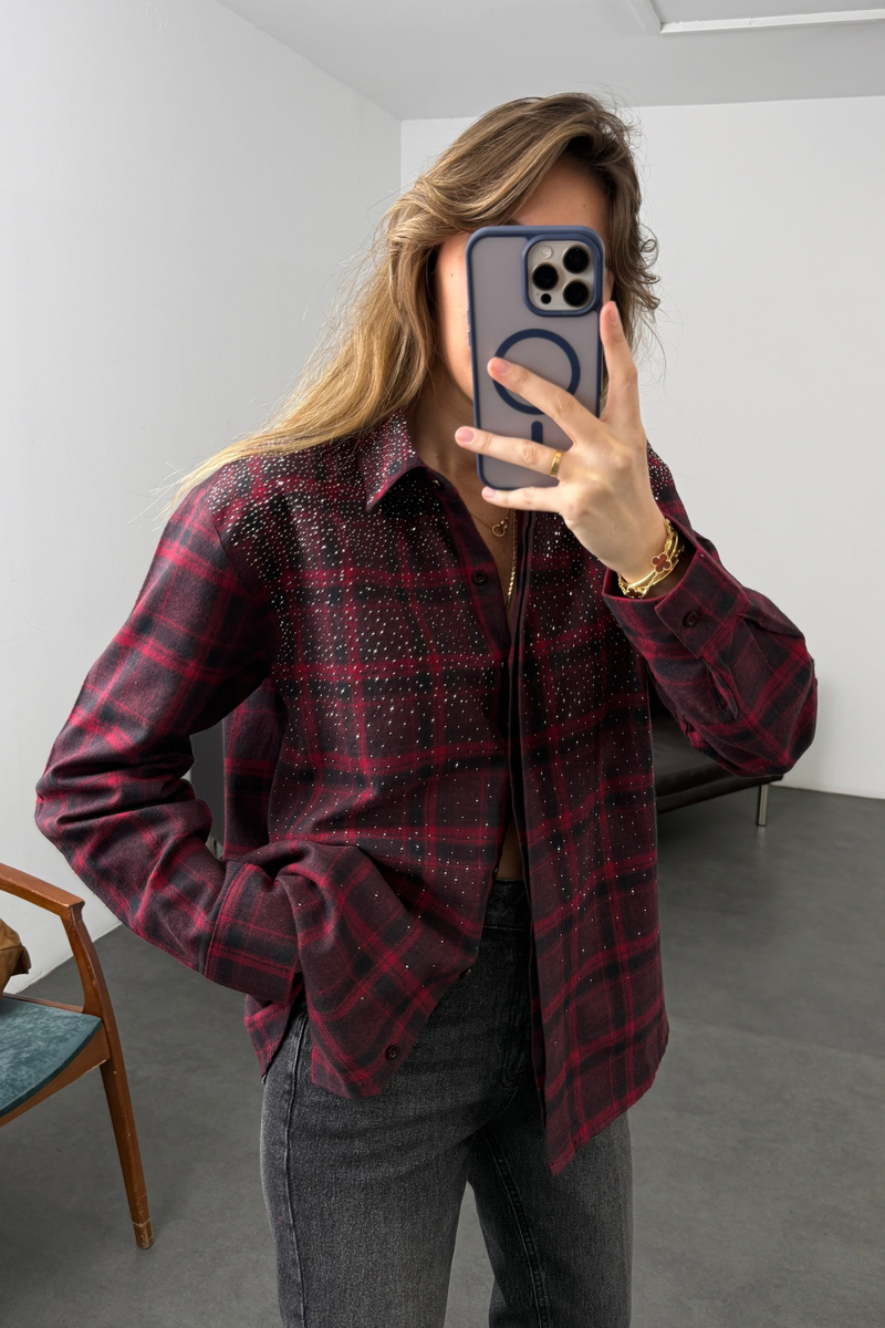 Bordo Taş Detaylı Kareli Gömlek 