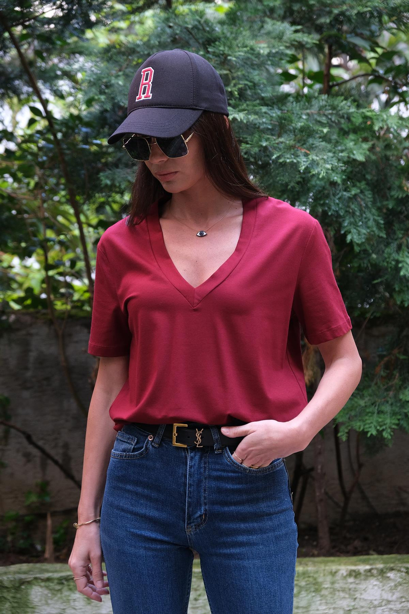 Bordo V Yaka Basic Tshirt 