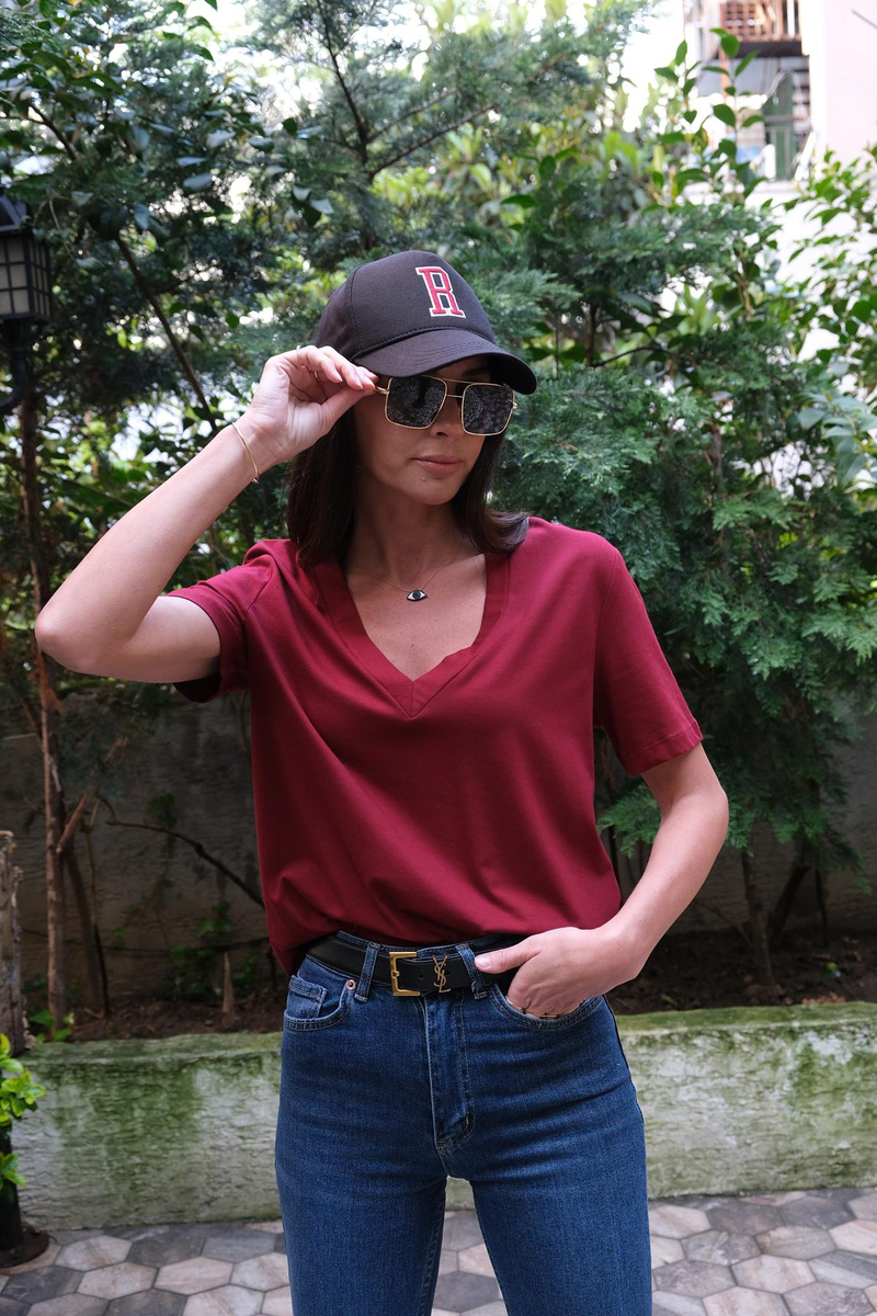 Bordo V Yaka Basic Tshirt 