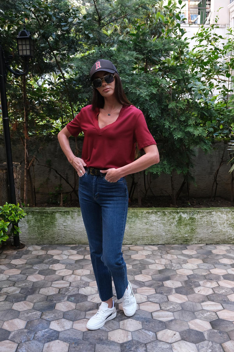 Bordo V Yaka Basic Tshirt 