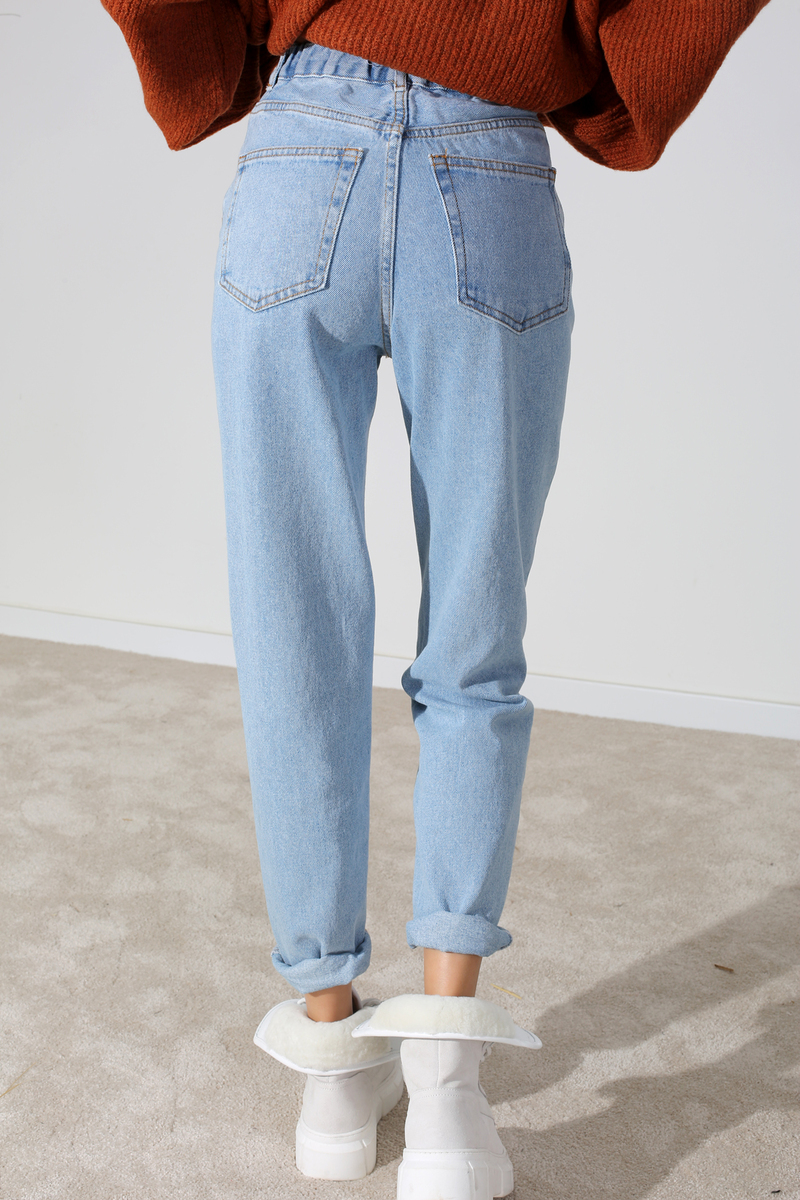Buz Mavi Beli Lastikli Mom Fit