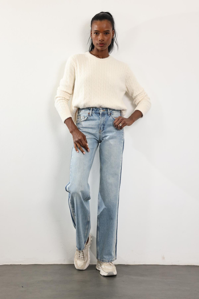 Buz Mavi Orta Bel Wide Leg Jean 