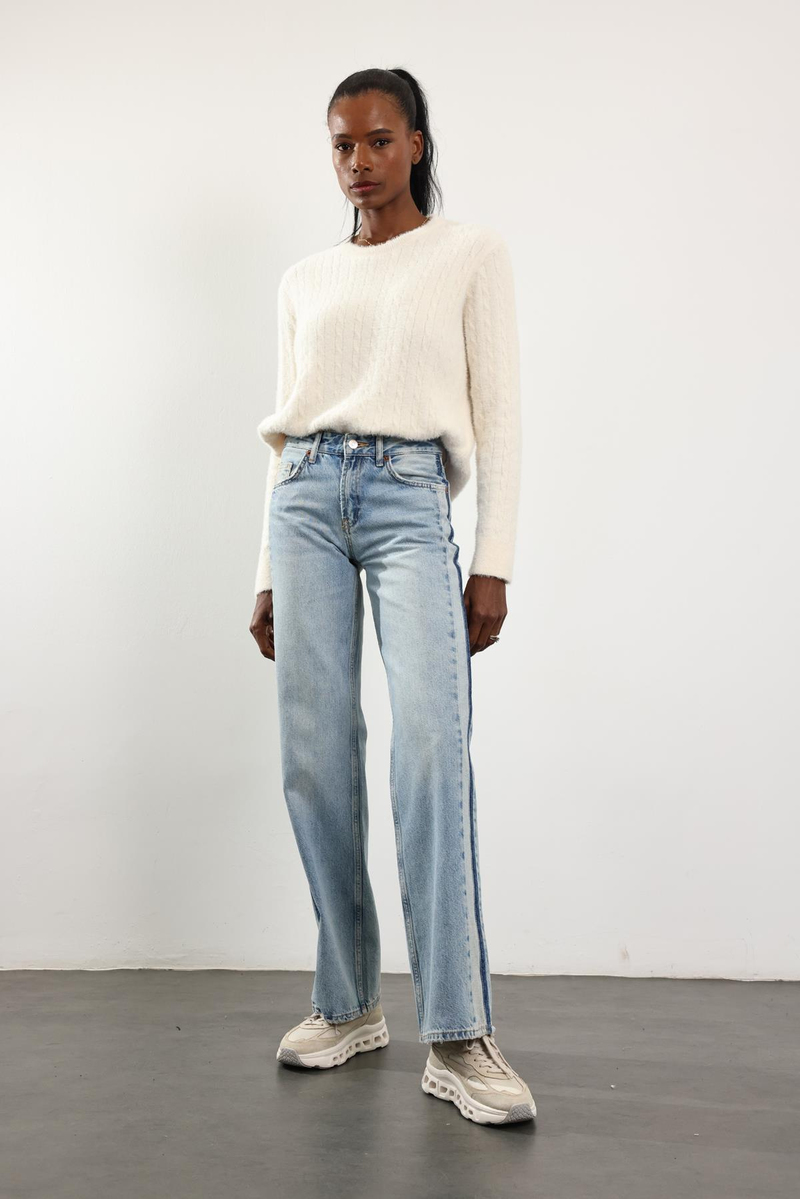 Buz Mavi Orta Bel Wide Leg Jean 