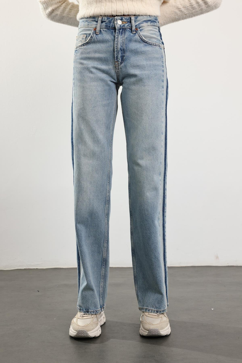 Buz Mavi Orta Bel Wide Leg Jean 