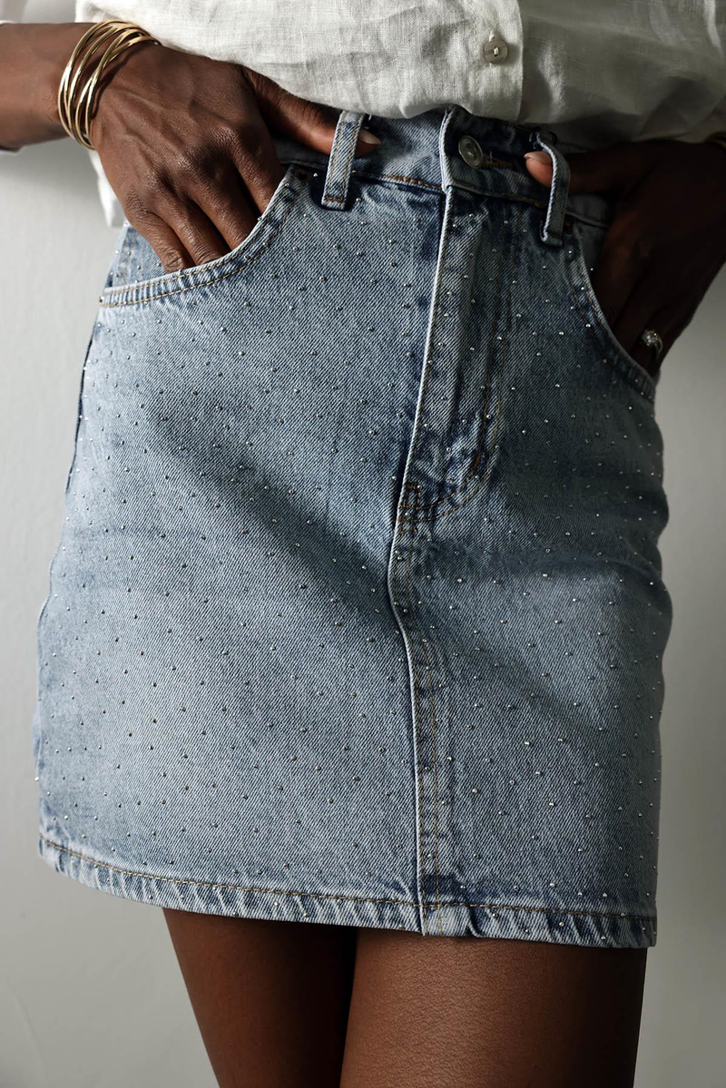 Buz Mavi Taşlı Denim Mini Etek 