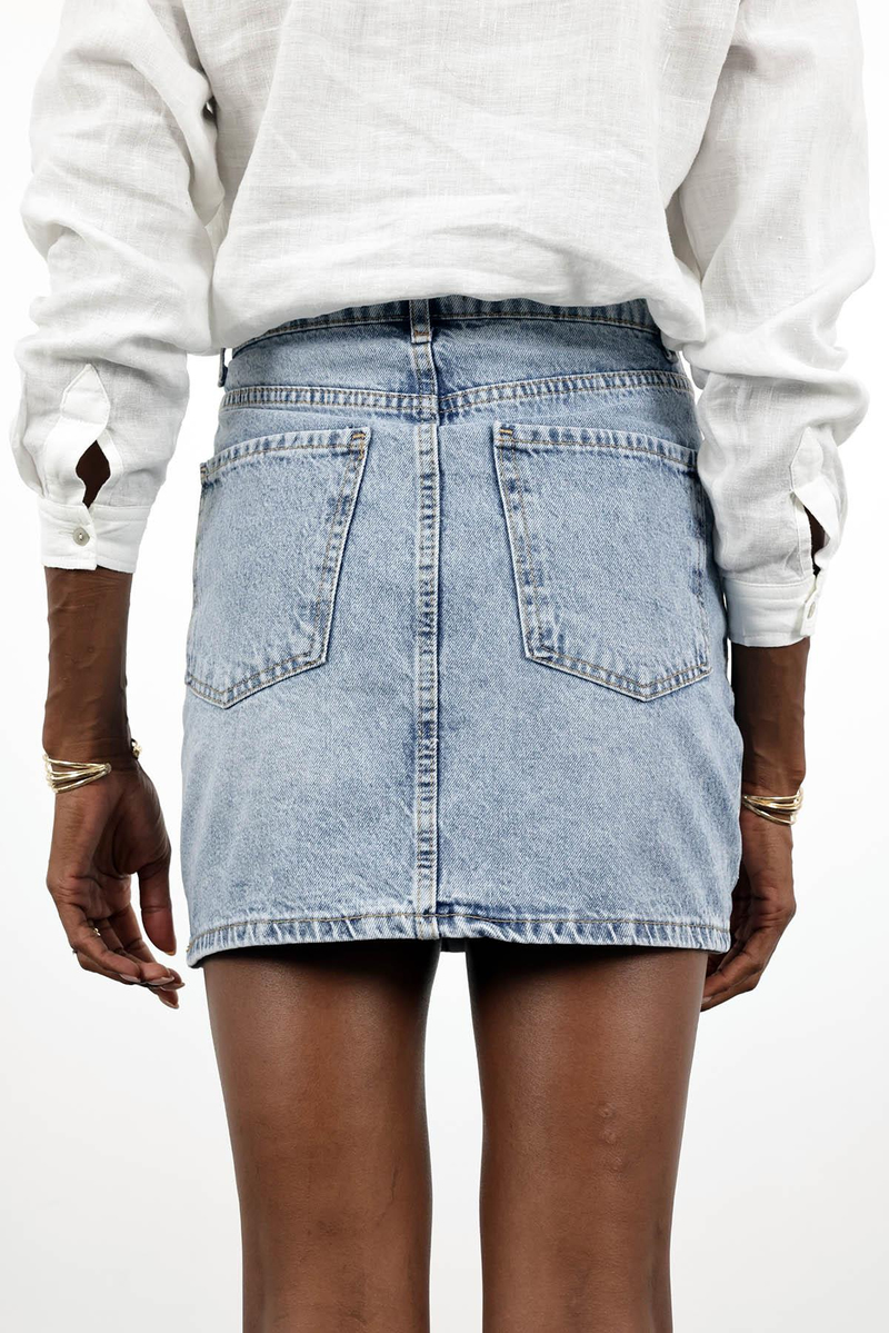 Buz Mavi Taşlı Denim Mini Etek 