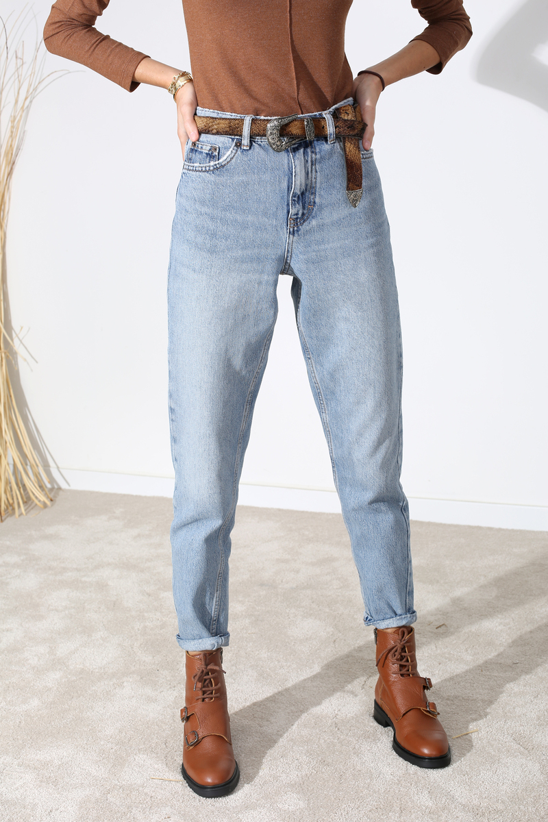 Buz Mavi Yüksek Bel Slim Fit Mom