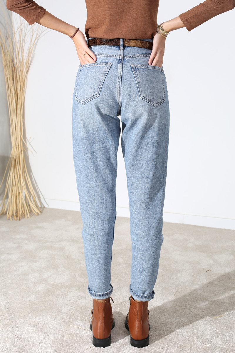 Buz Mavi Yüksek Bel Slim Fit Mom