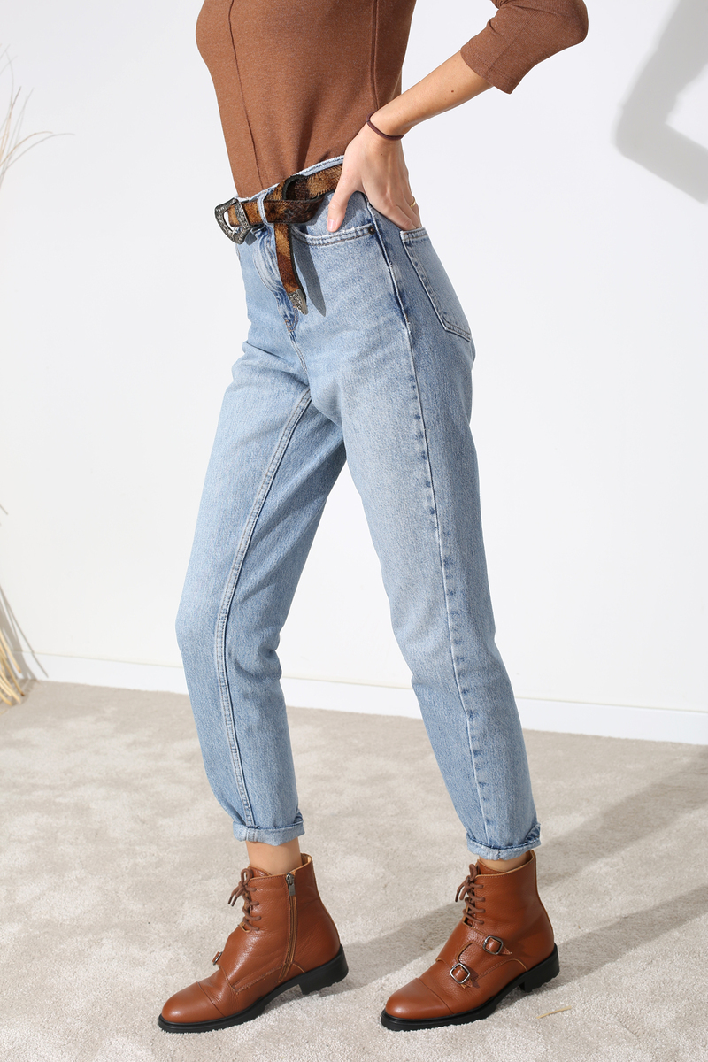 Buz Mavi Yüksek Bel Slim Fit Mom