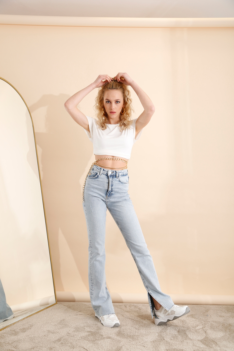 Buz Mavi Yüksek Bel Slim Flare Jean 