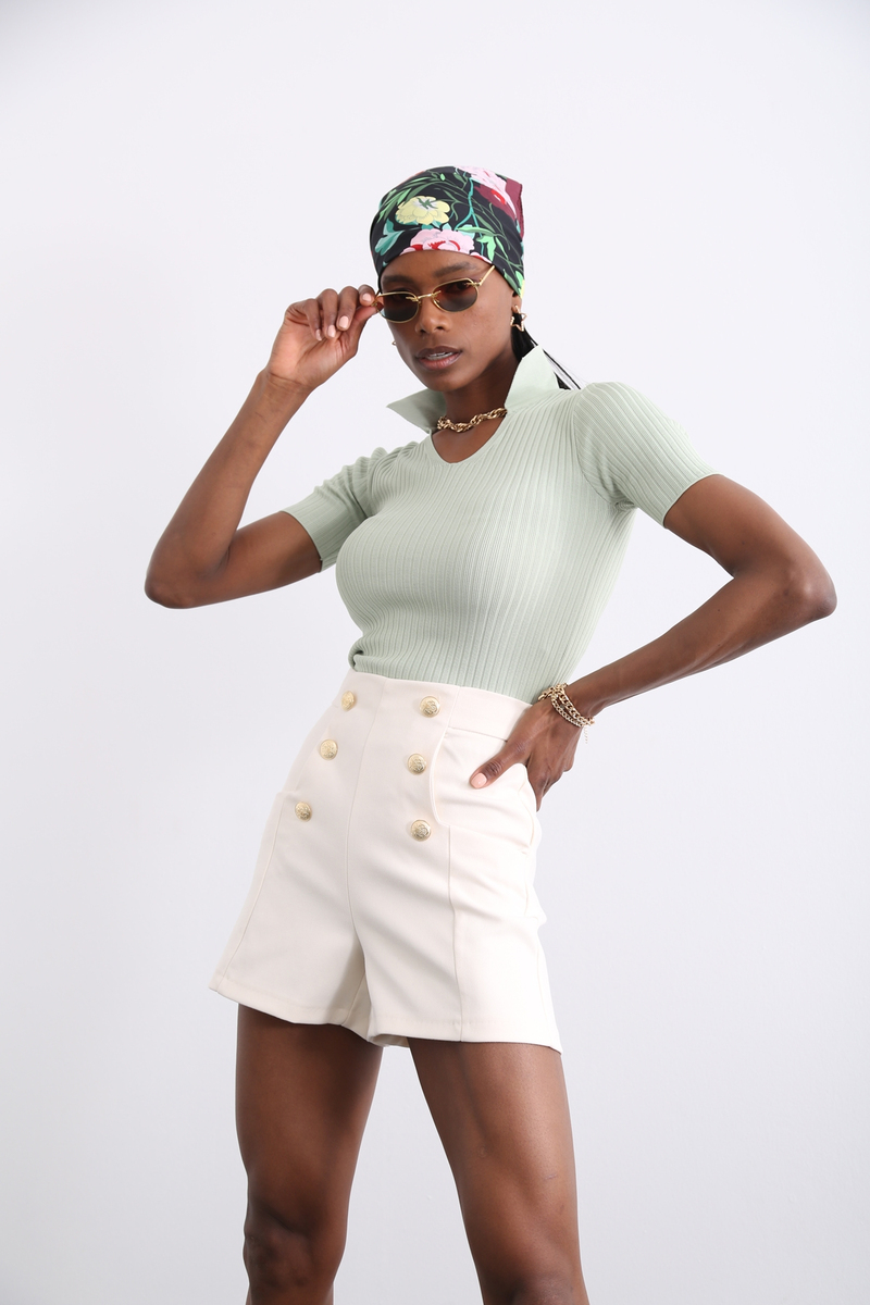 Çağla Yeşili Polo Yaka Fitilli Tshirt 2103
