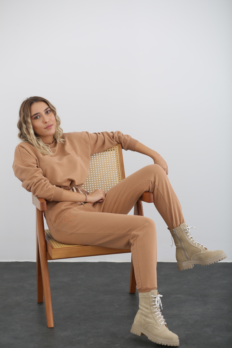 Camel Bel Kısmı Büzgülü Crop Takım 3214