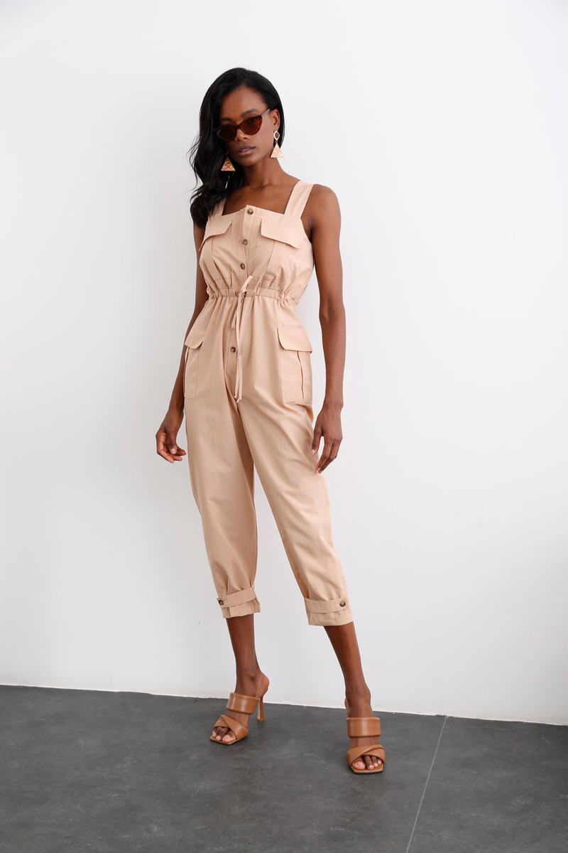 Camel Beli Büzgülü Askılı Tulum 79010