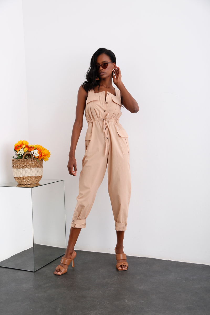 Camel Beli Büzgülü Askılı Tulum 79010