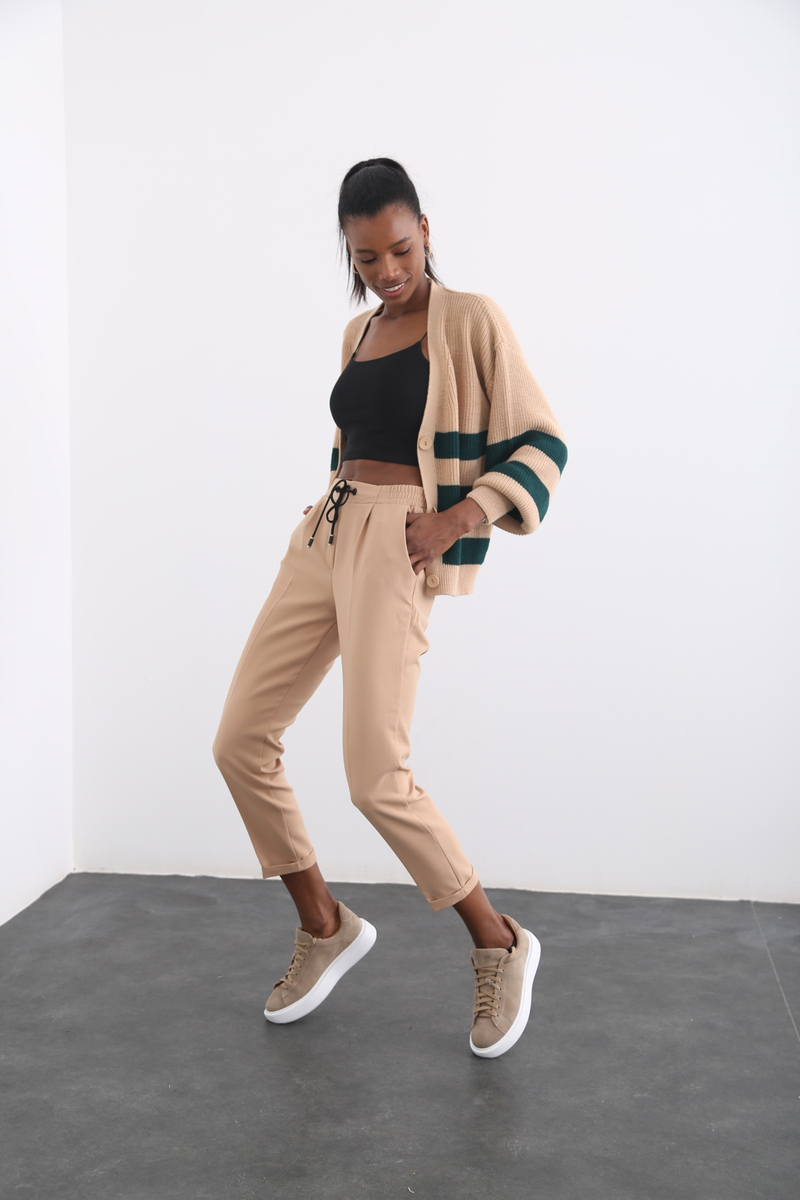 Camel Beli Lastikli Duble Paça Pantolon 5353