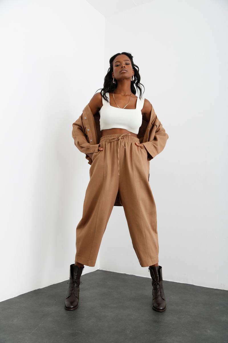 Camel Beli Lastikli Şalvar Pantolon 40051