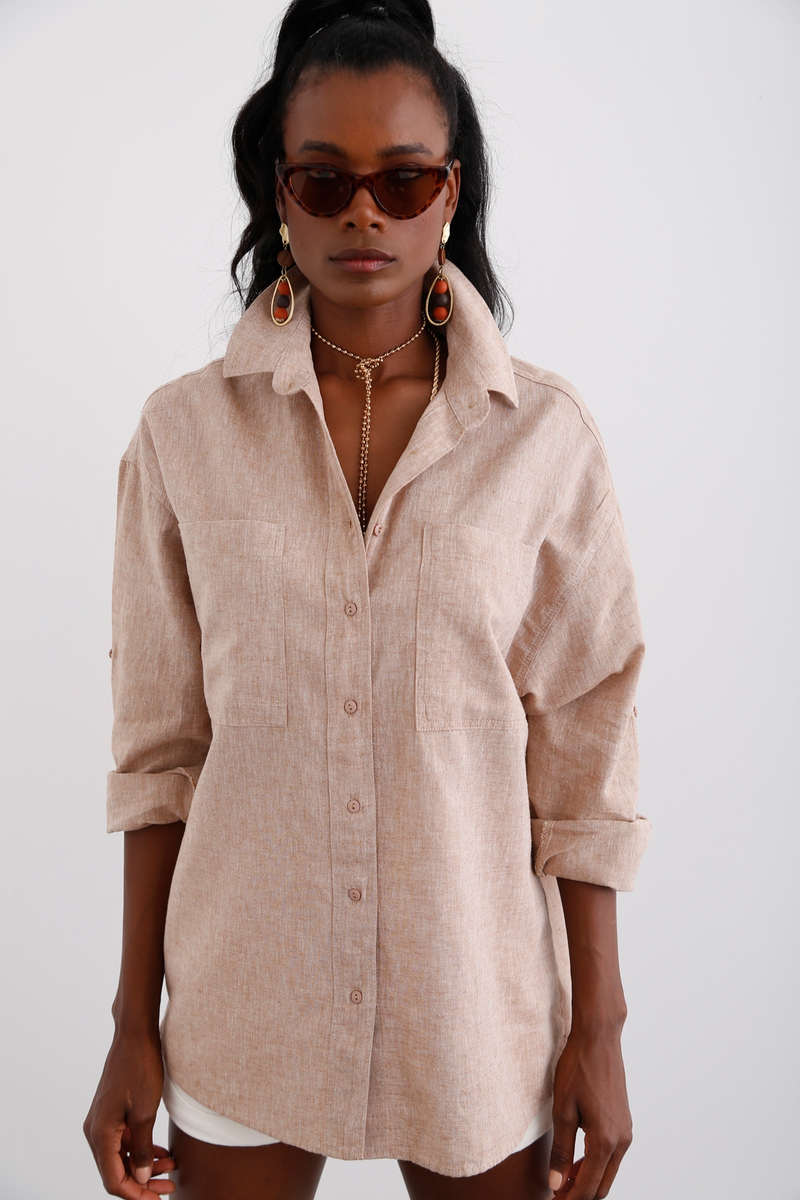 Camel Çift Cepli Oversize Gömlek 3923