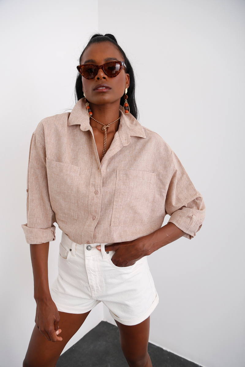 Camel Çift Cepli Oversize Gömlek 3923